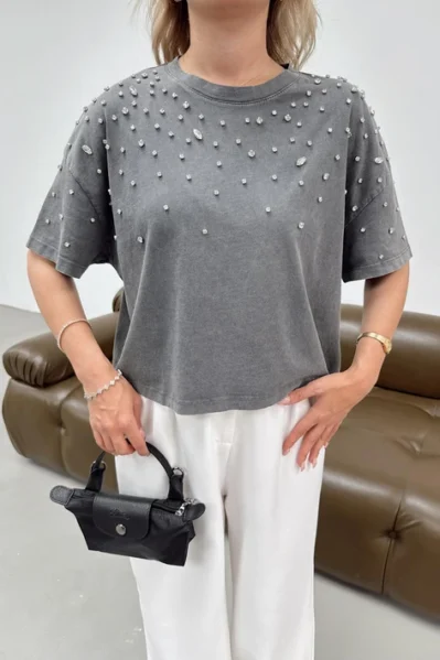 Yıkamalı Taş Detaylı Tshirt Antrasit